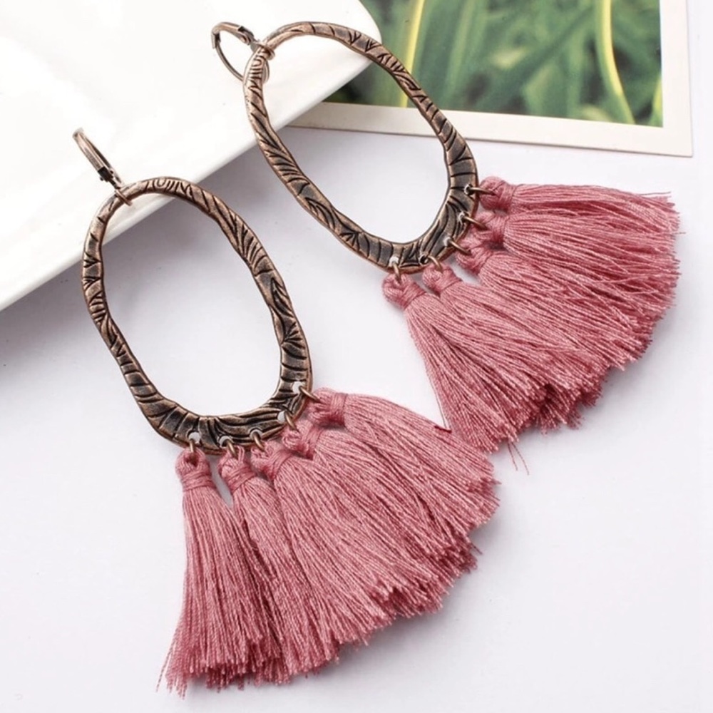 Boho Dusty Rose Tassel Fringe & Antique Bronze